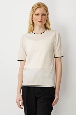 Kadın Sıfır Yaka Baklava Desenli Yazlık Triko Bluz Krem