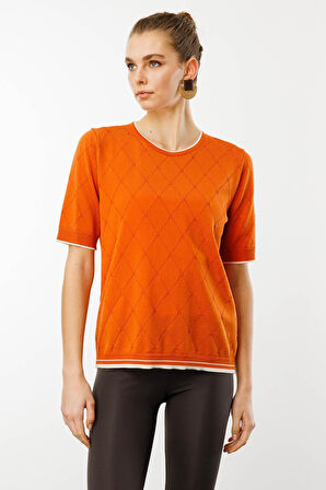 Kadın Sıfır Yaka Baklava Desenli T-shirt Oranj