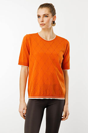 Kadın Sıfır Yaka Baklava Desenli T-shirt Oranj