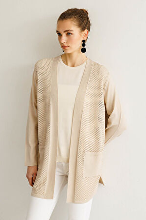 Kadın Delikli Araboy Yazlık Triko Hırka Bej