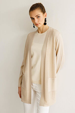 Kadın Delikli Araboy Yazlık Triko Hırka Bej