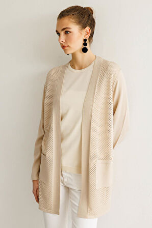 Kadın Delikli Araboy Yazlık Triko Hırka Bej