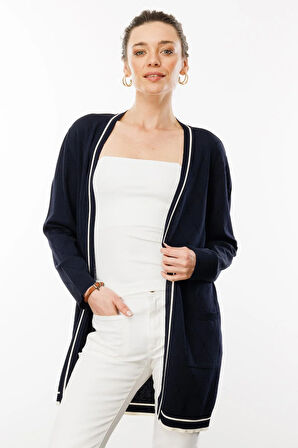 Kadın Sıfır Yaka Baklava Desenli Yazlık Hırka Lacivert