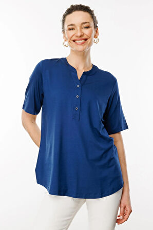 Kadın Yakası Düğmeli Penye T-shirt İndigo