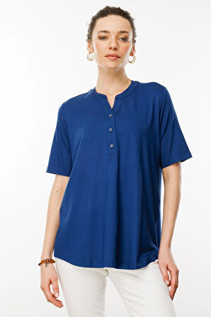 Kadın Yakası Düğmeli Penye T-shirt İndigo