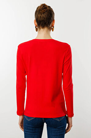 Kadın Omzu ve Yakası İğne İşli Pamuklu Bluz Kırmızı