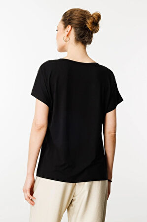 Kadın V Yaka Omuzları Taş Baskılı Penye T-shirt Siyah