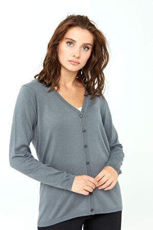 Kadın Likralı Basic Uzun Kollu V Yaka Hırka Gri