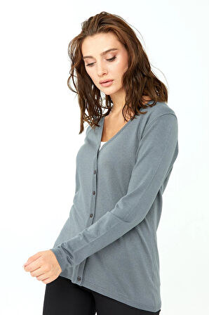 Kadın Likralı Basic Uzun Kollu V Yaka Hırka Gri