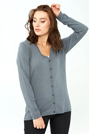 Kadın Likralı Basic Uzun Kollu V Yaka Hırka Gri