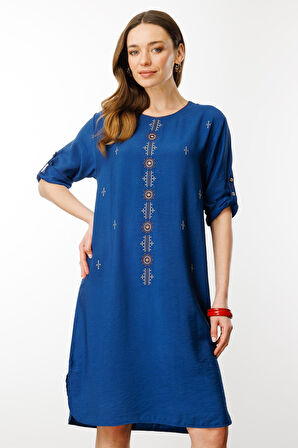 Kadın Sıfır Yaka Önü Nakışlı Elbise İndigo