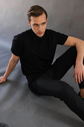 Erkek Polo Yaka Pike Merserize T-shirt Siyah