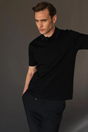 Erkek Polo Yaka Pike Merserize T-shirt Siyah
