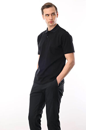 Erkek Polo Yaka Pike Merserize T-shirt Siyah