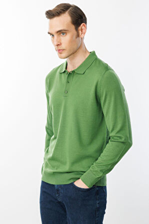 Erkek Basic Polo Yaka İnce Triko Kazak K.Yosun