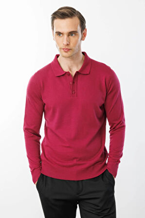 Erkek Basic Polo Yaka İnce Triko Kazak Sıklamen