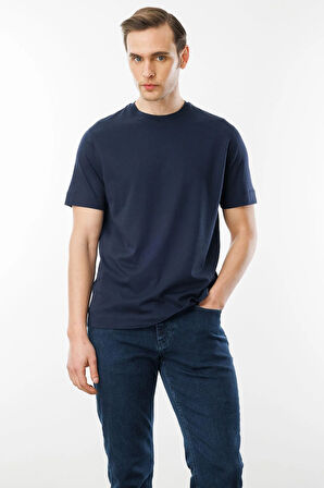 Erkek Sıfır Yaka Pamuklu T-shirt Lacivert