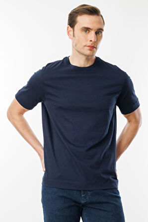 Erkek Sıfır Yaka Pamuklu T-shirt Lacivert