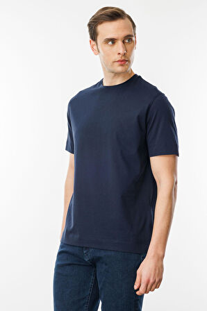 Erkek Sıfır Yaka Pamuklu T-shirt Lacivert