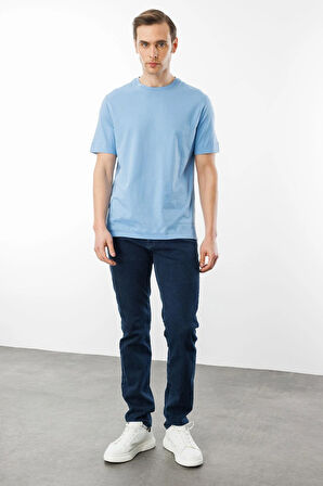 Erkek Sıfır Yaka Pamuklu T-shirt Mavi