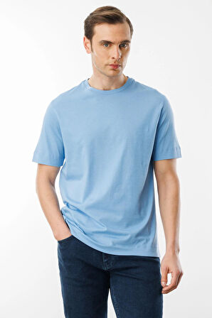 Erkek Sıfır Yaka Pamuklu T-shirt Mavi