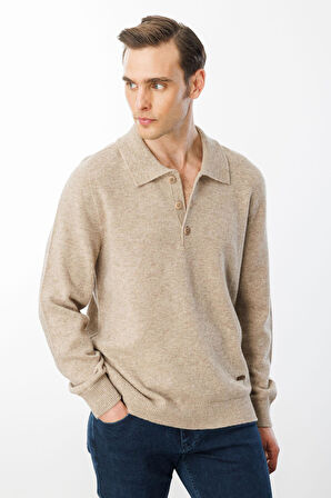 Erkek Polo Yaka Basic Yün Kazak K.Bej