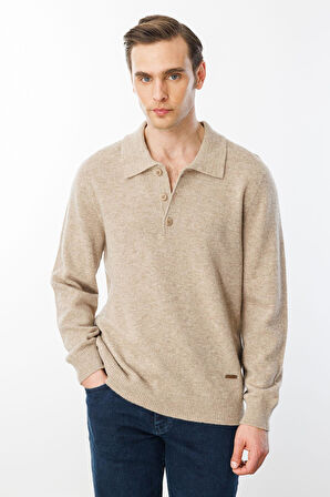 Erkek Polo Yaka Basic Yün Kazak K.Bej
