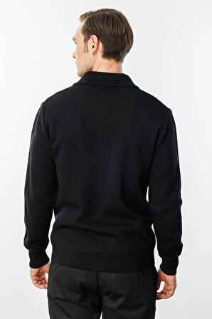 Erkek Polo Yaka Çelik Örgü Yün Ceket Siyah