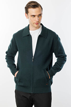 Erkek Polo Yaka Çelik Örgü Yün Ceket Yeşil