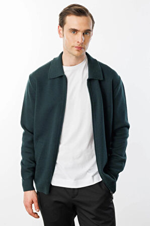 Erkek Polo Yaka Çelik Örgü Yün Ceket Yeşil