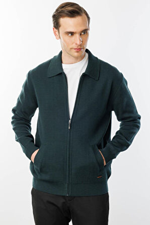 Erkek Polo Yaka Çelik Örgü Yün Ceket Yeşil