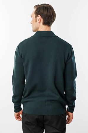 Erkek Polo Yaka Çelik Örgü Yün Ceket Yeşil