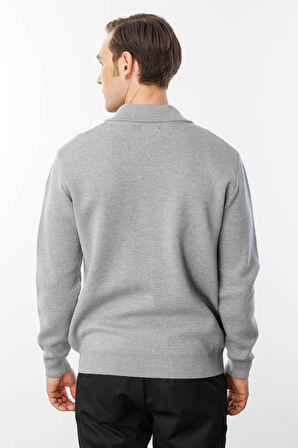 Erkek Polo Yaka Çelik Örgü Yün Ceket Füme