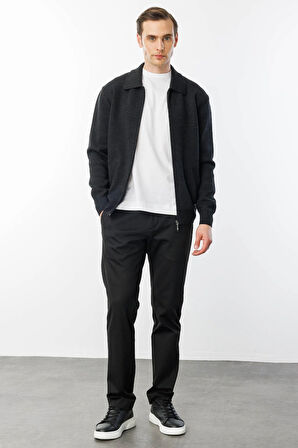 Erkek Polo Yaka Çelik Örgü Yün Ceket K.Füme