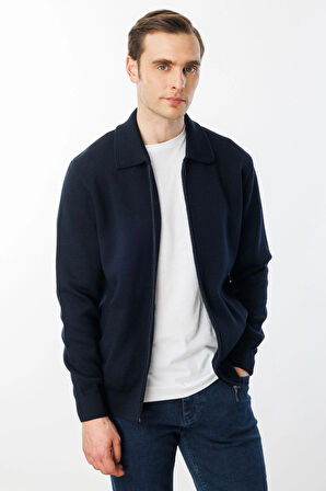 Erkek Polo Yaka Çelik Örgü Yün Ceket K.Lacivert