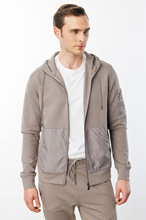 Erkek Kapüşonlu Kanguru Cepli Eşofman Üstü Vizon