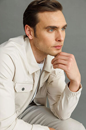 Erkek Polo Yaka Göğsü Cepli Mont Krem