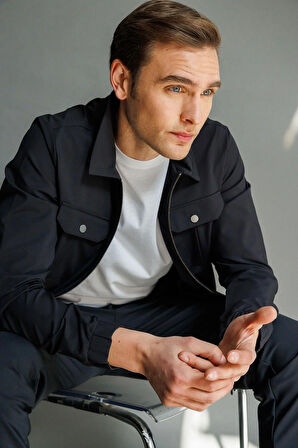 Erkek Polo Yaka Göğsü Cepli Mont Siyah