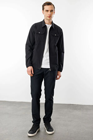 Erkek Polo Yaka Göğsü Cepli Mont Siyah