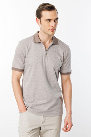 Erkek Fermuarlı Jakarlı T-shirt Bej