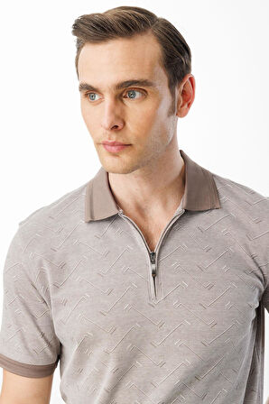 Erkek Fermuarlı Jakarlı T-shirt Bej