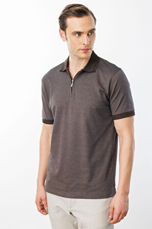 Erkek Fermuarlı Jakarlı T-shirt Kahve