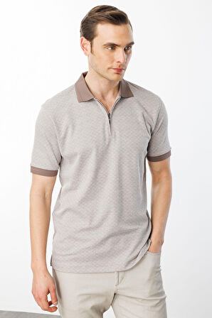 Erkek Fermuarlı Jakarlı T-shirt Bej