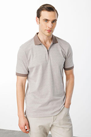 Erkek Fermuarlı Jakarlı T-shirt Bej