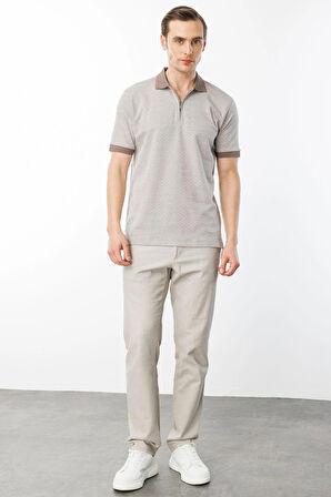 Erkek Fermuarlı Jakarlı T-shirt Bej