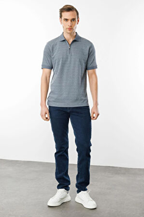 Erkek Fermuarlı Jakarlı T-shirt Füme