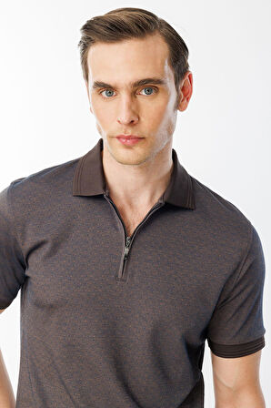 Erkek Fermuarlı Jakarlı T-shirt Kahve