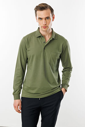 Erkek Polo Yaka Cepli Uzun Kollu Sweatshirt Haki