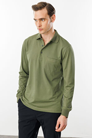 Erkek Polo Yaka Cepli Uzun Kollu Sweatshirt Haki