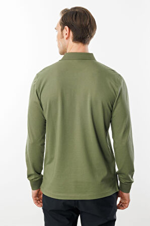 Erkek Polo Yaka Cepli Uzun Kollu Sweatshirt Haki